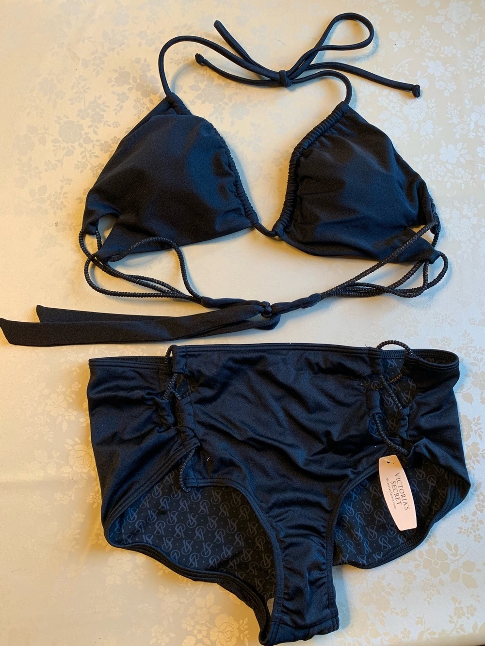 NWOT Victoria's Secret Black Triangle Tie Bikini with Matching Bottoms